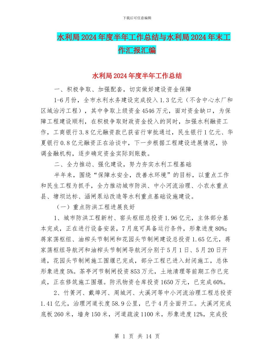 水利局2024年度半年工作总结与水利局2024年末工作汇报汇编_第1页