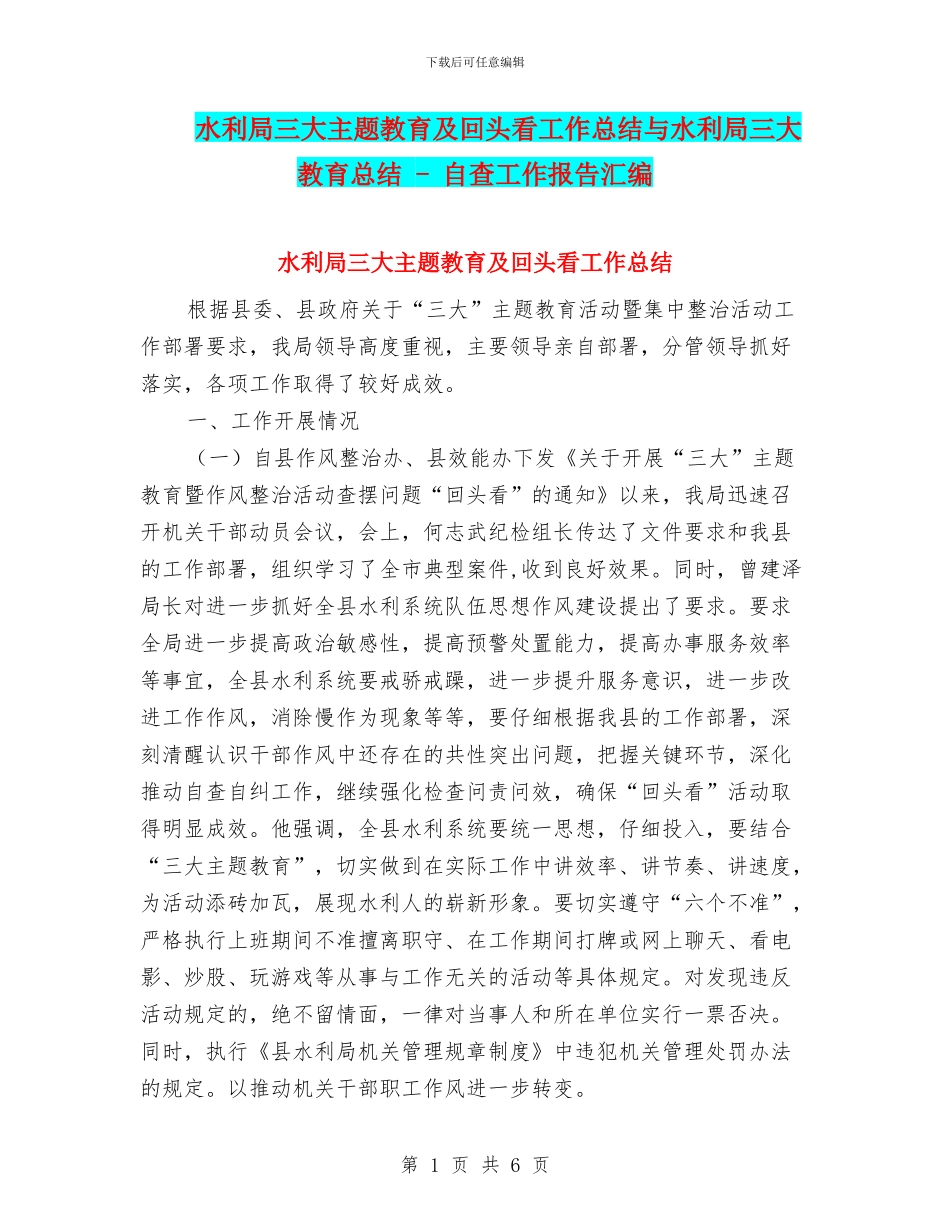 水利局三大主题教育及回头看工作总结与水利局三大教育总结_第1页