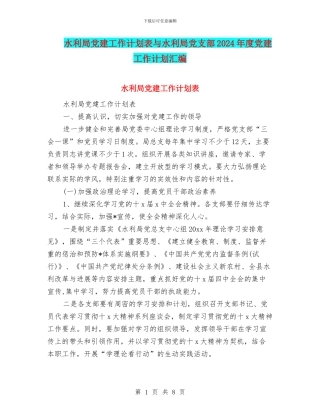 水利局党建工作计划表与水利局党支部2024年度党建工作计划汇编
