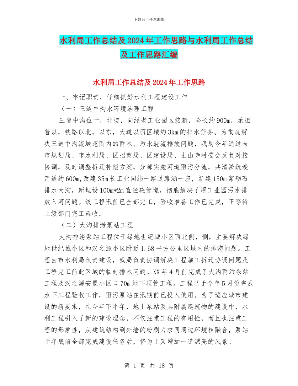 水利局工作总结及2024年工作思路与水利局工作总结及工作思路汇编_第1页