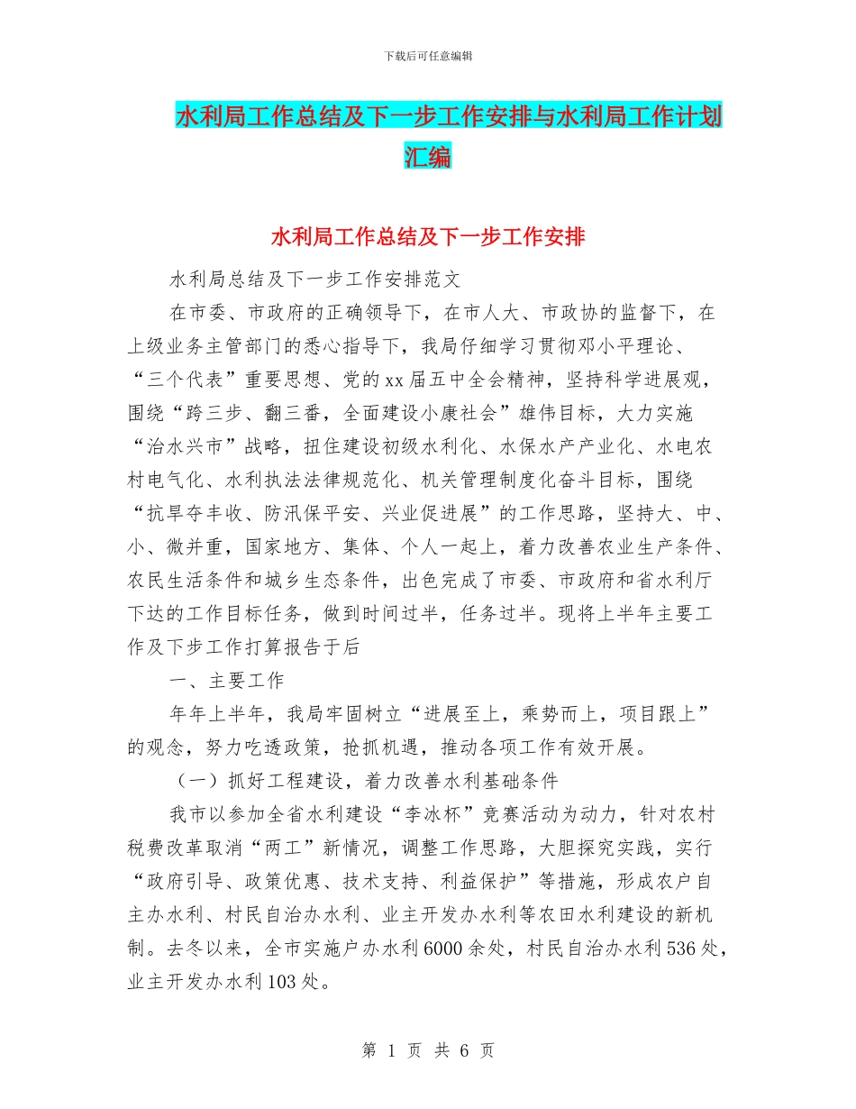 水利局工作总结及下一步工作安排与水利局工作计划汇编_第1页