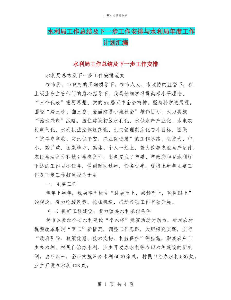 水利局工作总结及下一步工作安排与水利局年度工作计划汇编_第1页