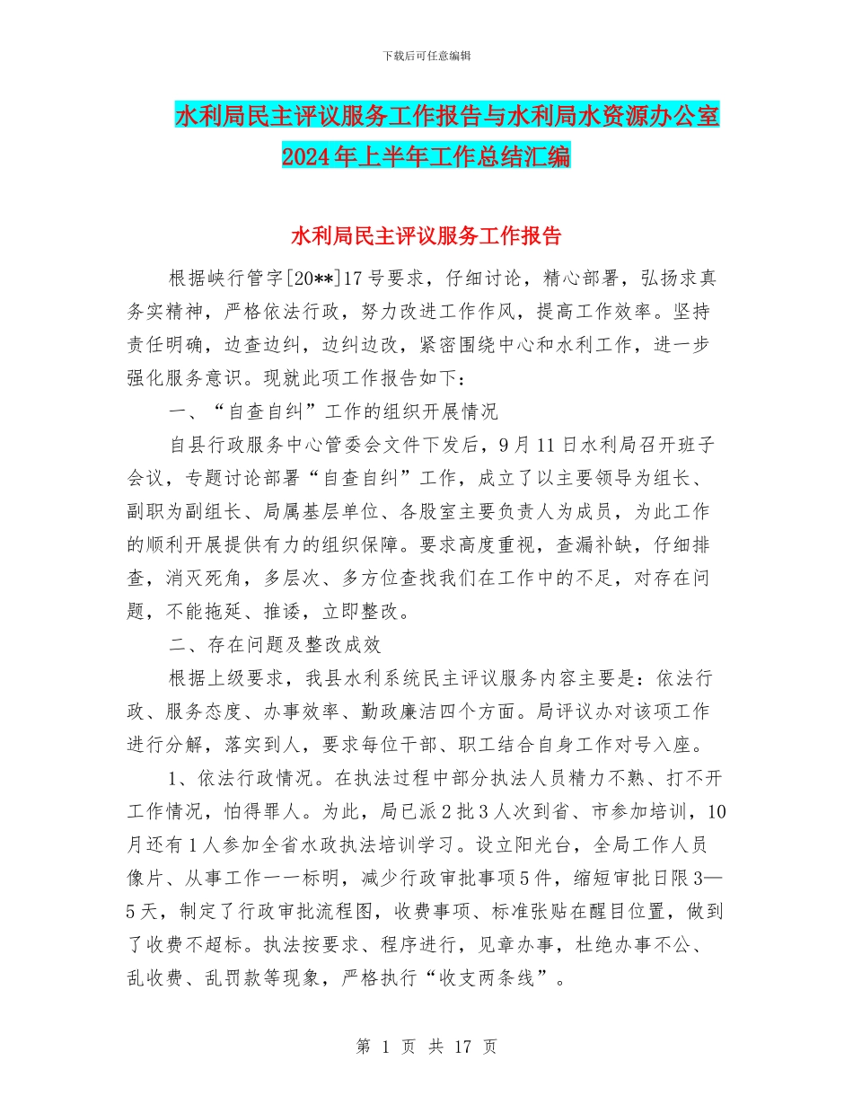 水利局民主评议服务工作报告与水利局水资源办公室2024年上半年工作总结汇编_第1页