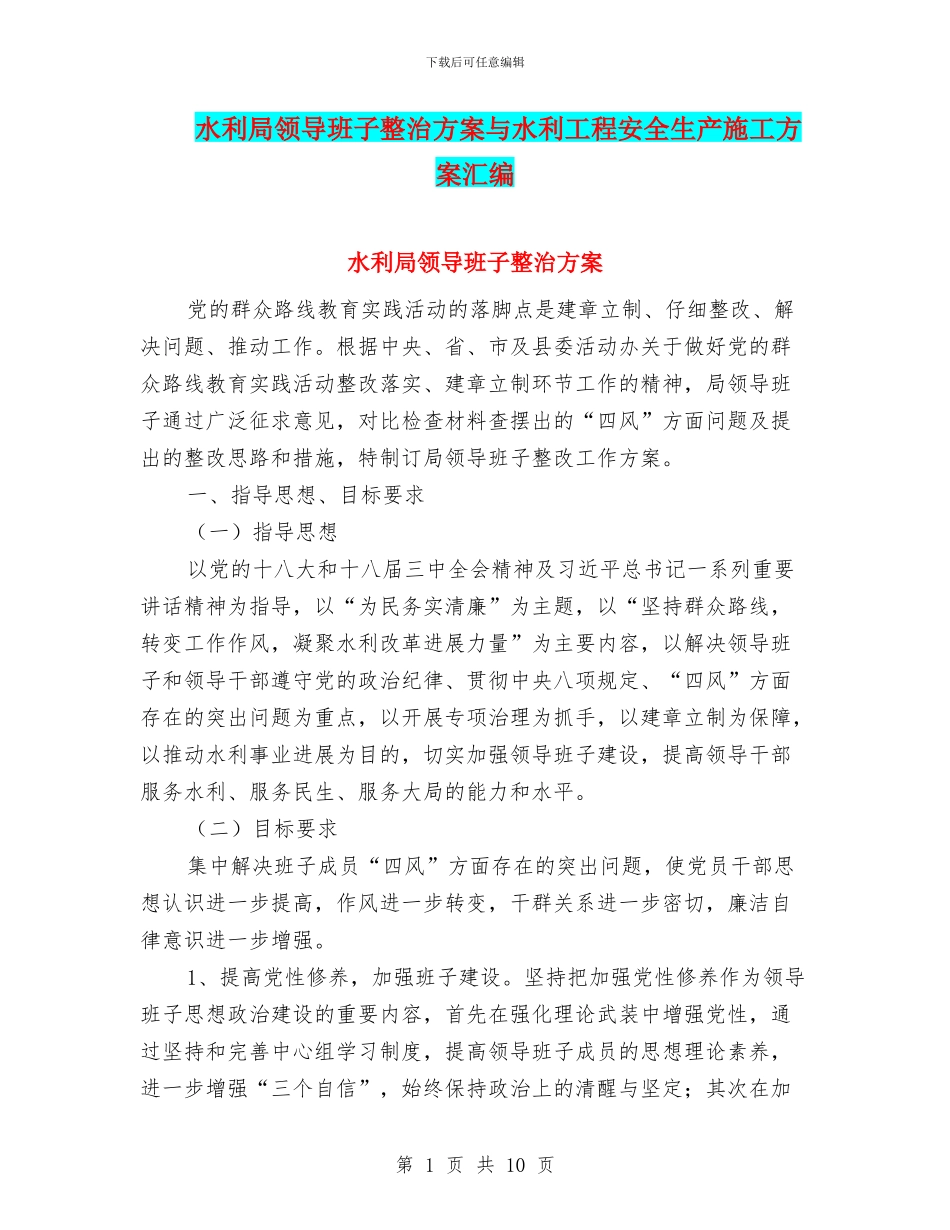 水利局领导班子整治方案与水利工程安全生产施工方案汇编_第1页