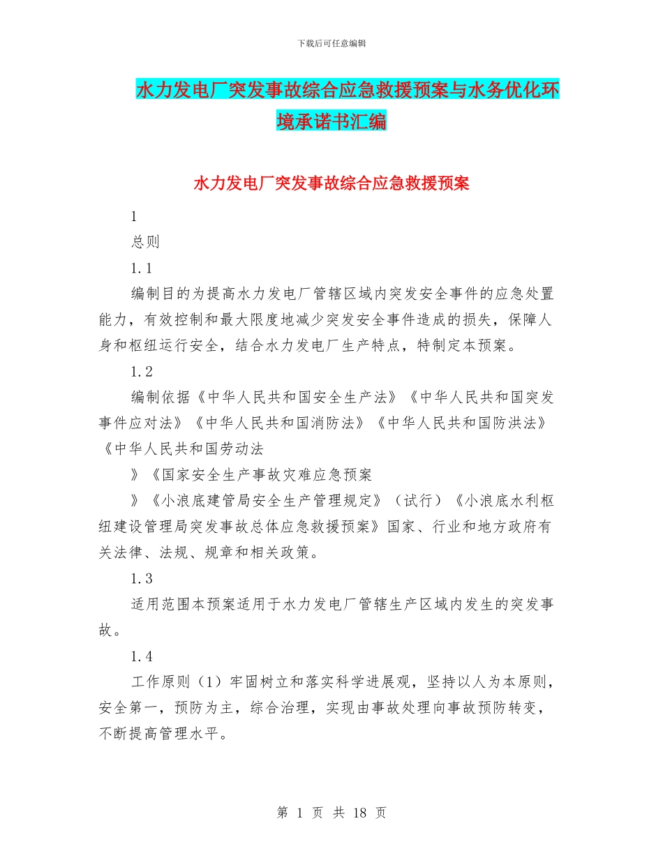 水力发电厂突发事故综合应急救援预案与水务优化环境承诺书汇编_第1页