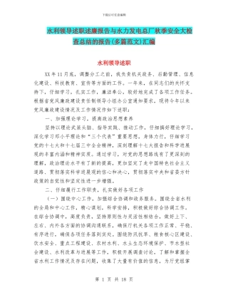 水利领导述职述廉报告与水力发电总厂秋季安全大检查总结的报告汇编