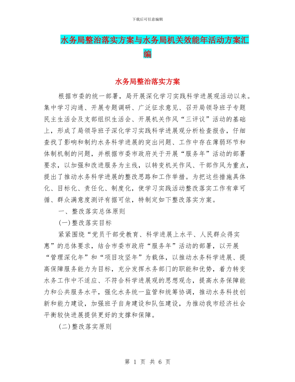 水务局整治落实方案与水务局机关效能年活动方案汇编_第1页