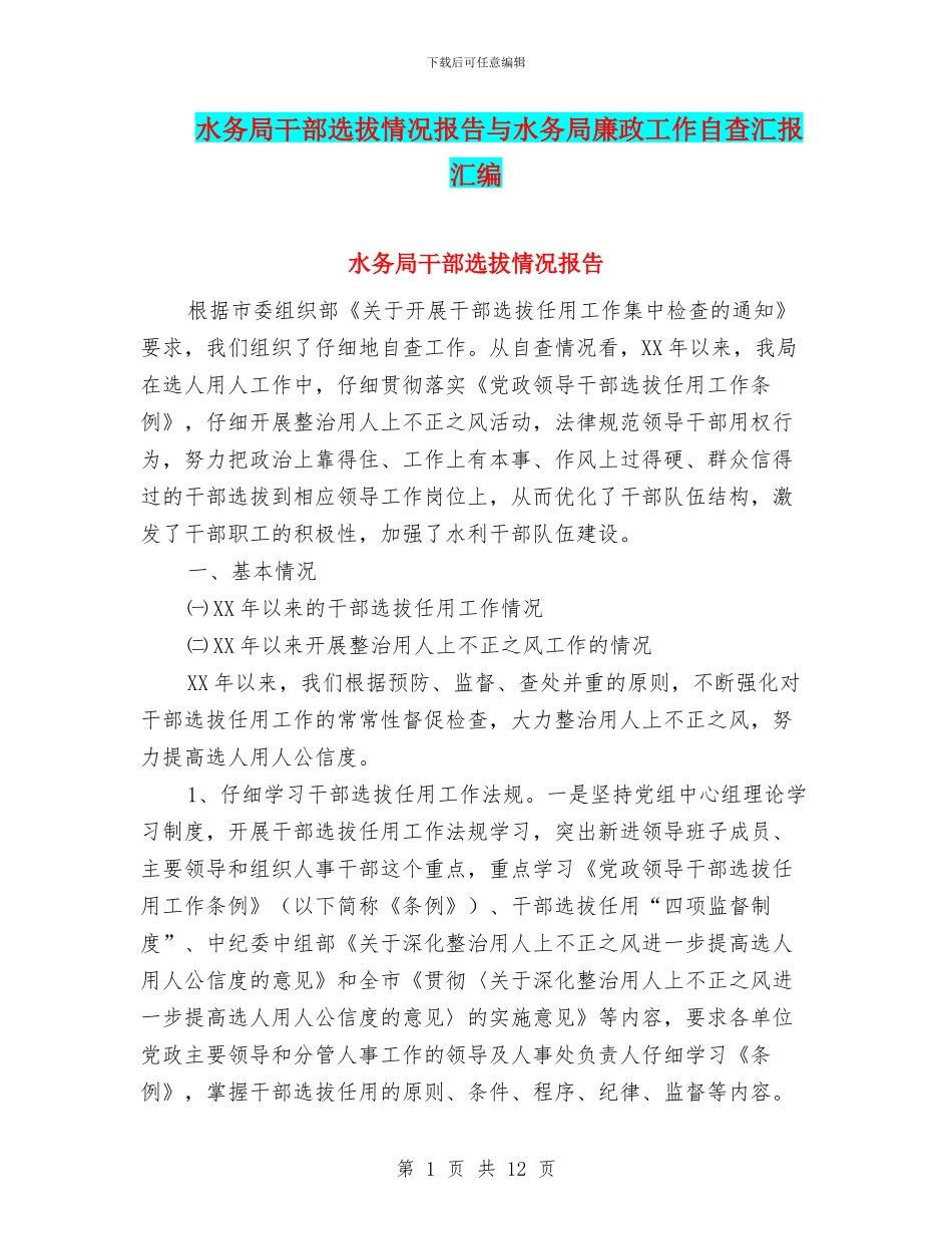 水务局干部选拔情况报告与水务局廉政工作自查汇报汇编_第1页
