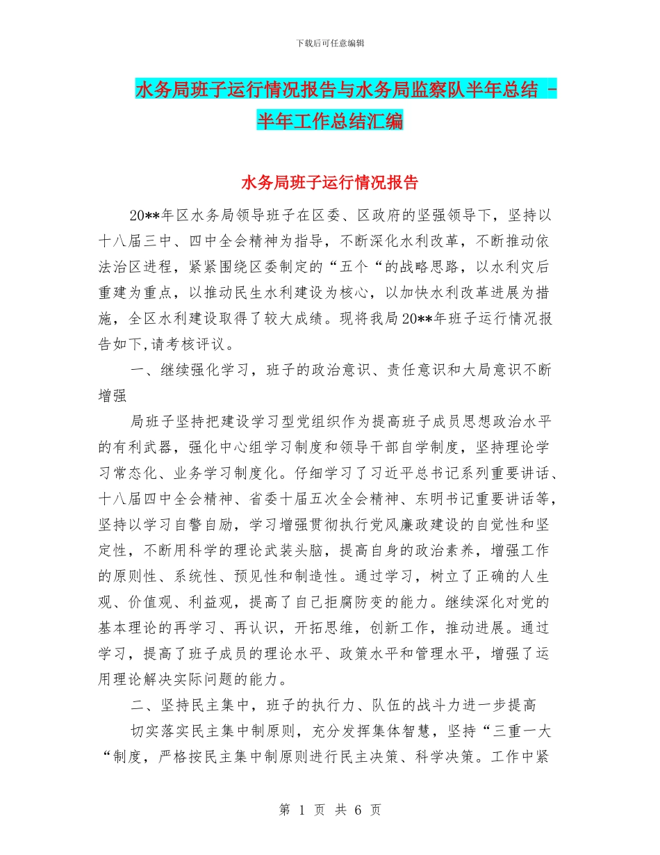 水务局班子运行情况报告与水务局监察队半年总结_第1页