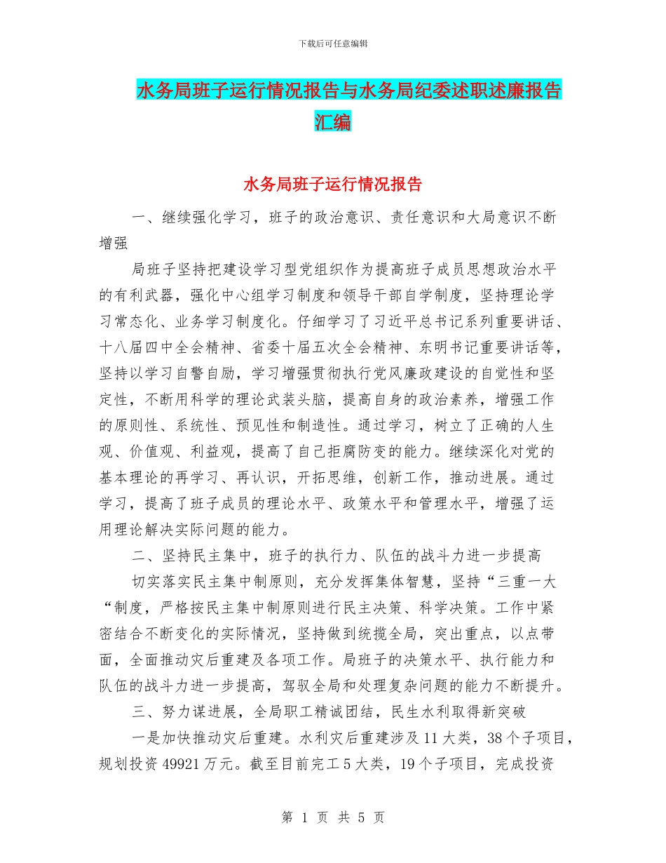 水务局班子运行情况报告与水务局纪委述职述廉报告汇编_第1页