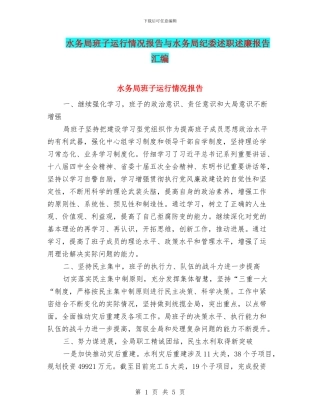 水务局班子运行情况报告与水务局纪委述职述廉报告汇编