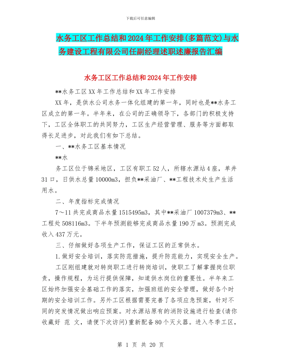 水务工区工作总结和2024年工作安排与水务建设工程有限公司任副经理述职述廉报告汇编_第1页