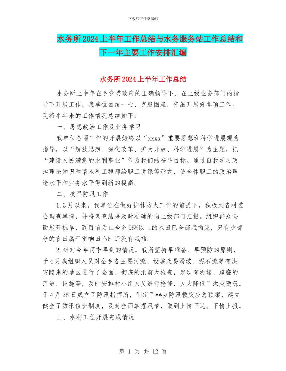 水务所2024上半年工作总结与水务服务站工作总结和下一年主要工作安排汇编_第1页