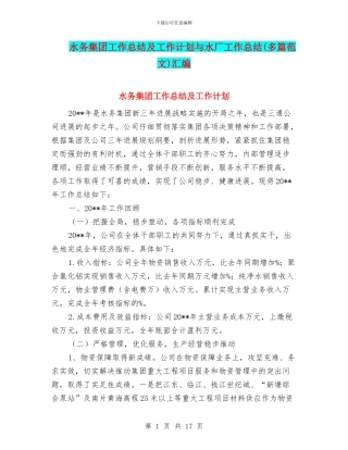 水务集团工作总结及工作计划与水厂工作总结汇编
