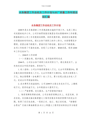 水务集团工作总结及工作计划与水厂质量工作年度总结汇编