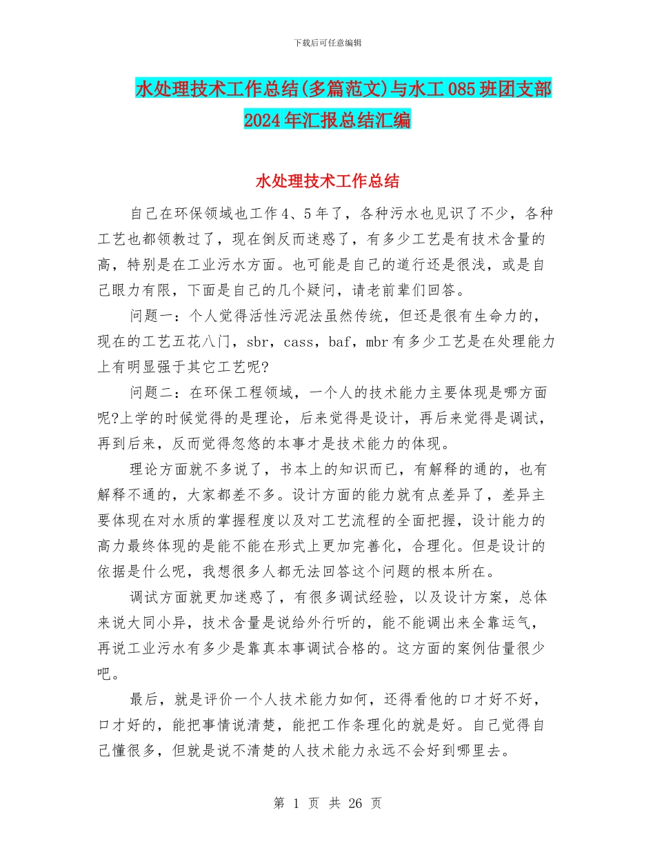 水处理技术工作总结与水工085班团支部2024年汇报总结汇编_第1页