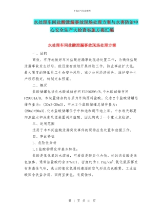 水处理车间盐酸泄漏事故现场处理方案与水害防治中心安全生产大检查实施方案汇编