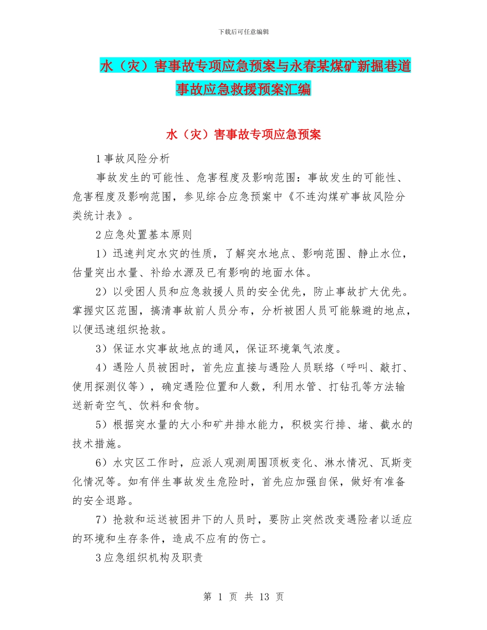 水害事故专项应急预案与永春某煤矿新掘巷道事故应急救援预案汇编_第1页