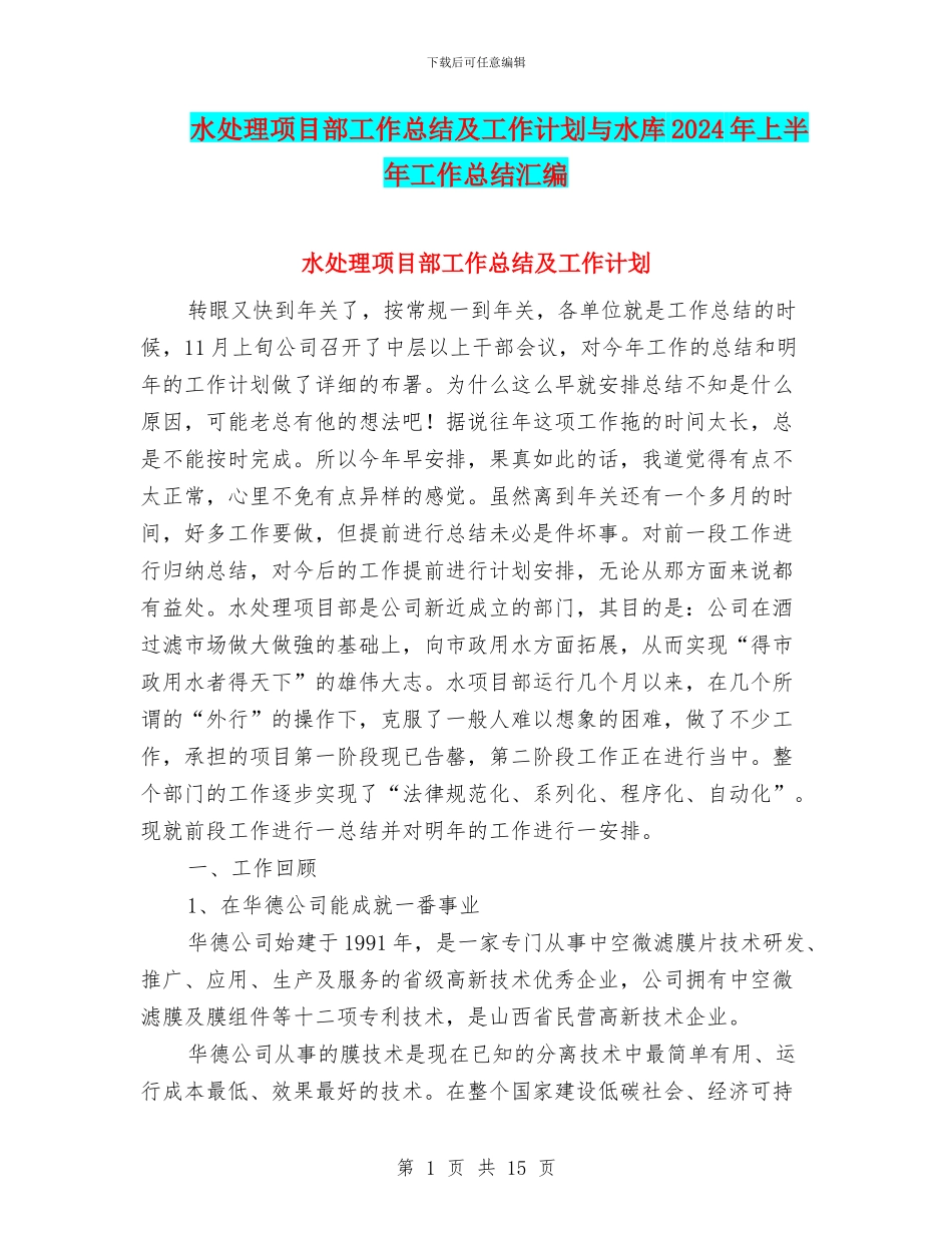 水处理项目部工作总结及工作计划与水库2024年上半年工作总结汇编_第1页