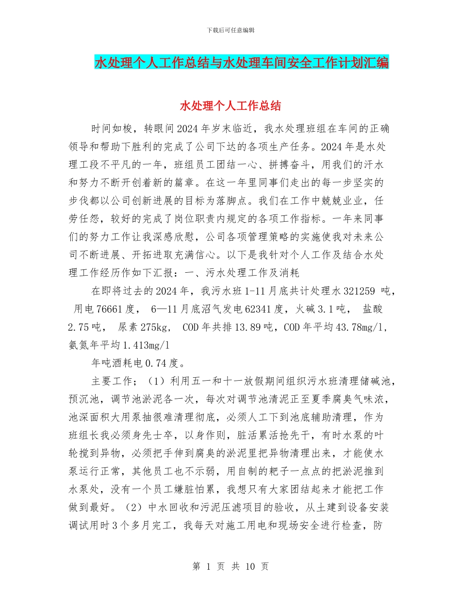 水处理个人工作总结与水处理车间安全工作计划汇编_第1页