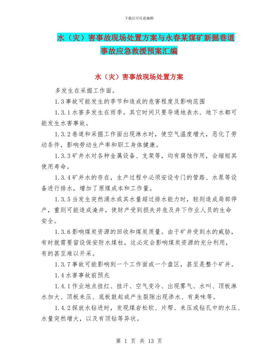 水害事故现场处置方案与永春某煤矿新掘巷道事故应急救援预案汇编_第1页