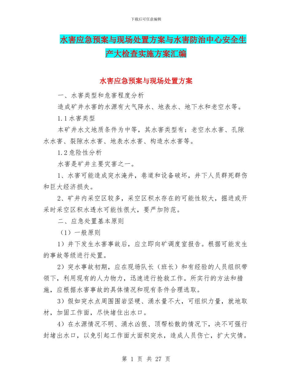 水害应急预案与现场处置方案与水害防治中心安全生产大检查实施方案汇编_第1页