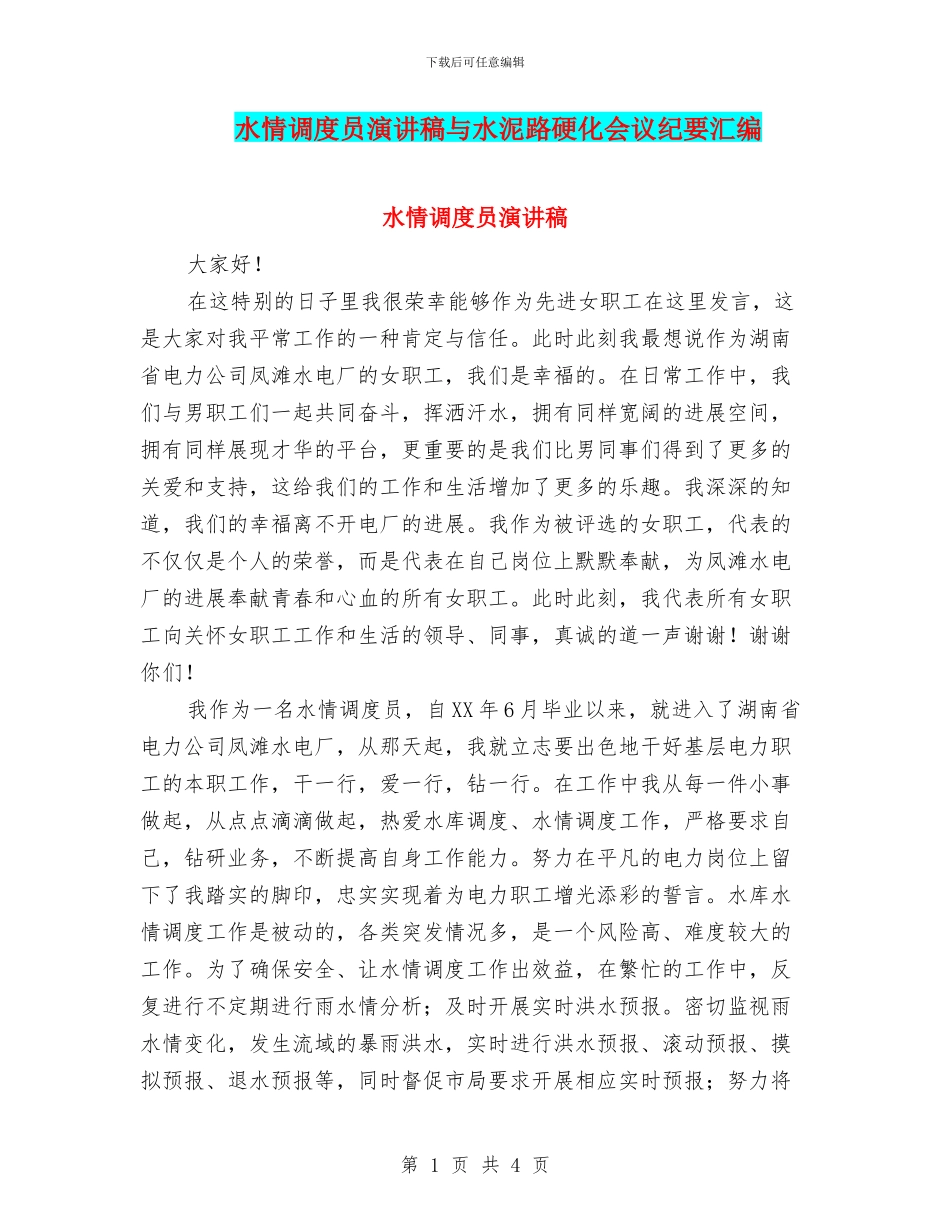 水情调度员演讲稿与水泥路硬化会议纪要汇编_第1页