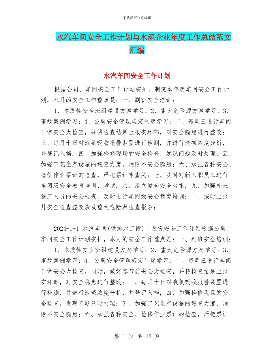 水汽车间安全工作计划与水泥企业年度工作总结范文汇编_第1页