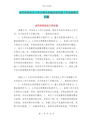 水汽车间安全工作计划与水泥企业年度工作总结范文汇编