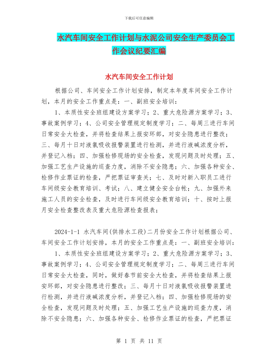 水汽车间安全工作计划与水泥公司安全生产委员会工作会议纪要汇编_第1页