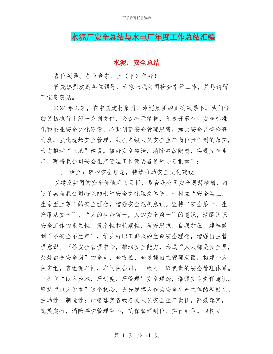 水泥厂安全总结与水电厂年度工作总结汇编_第1页