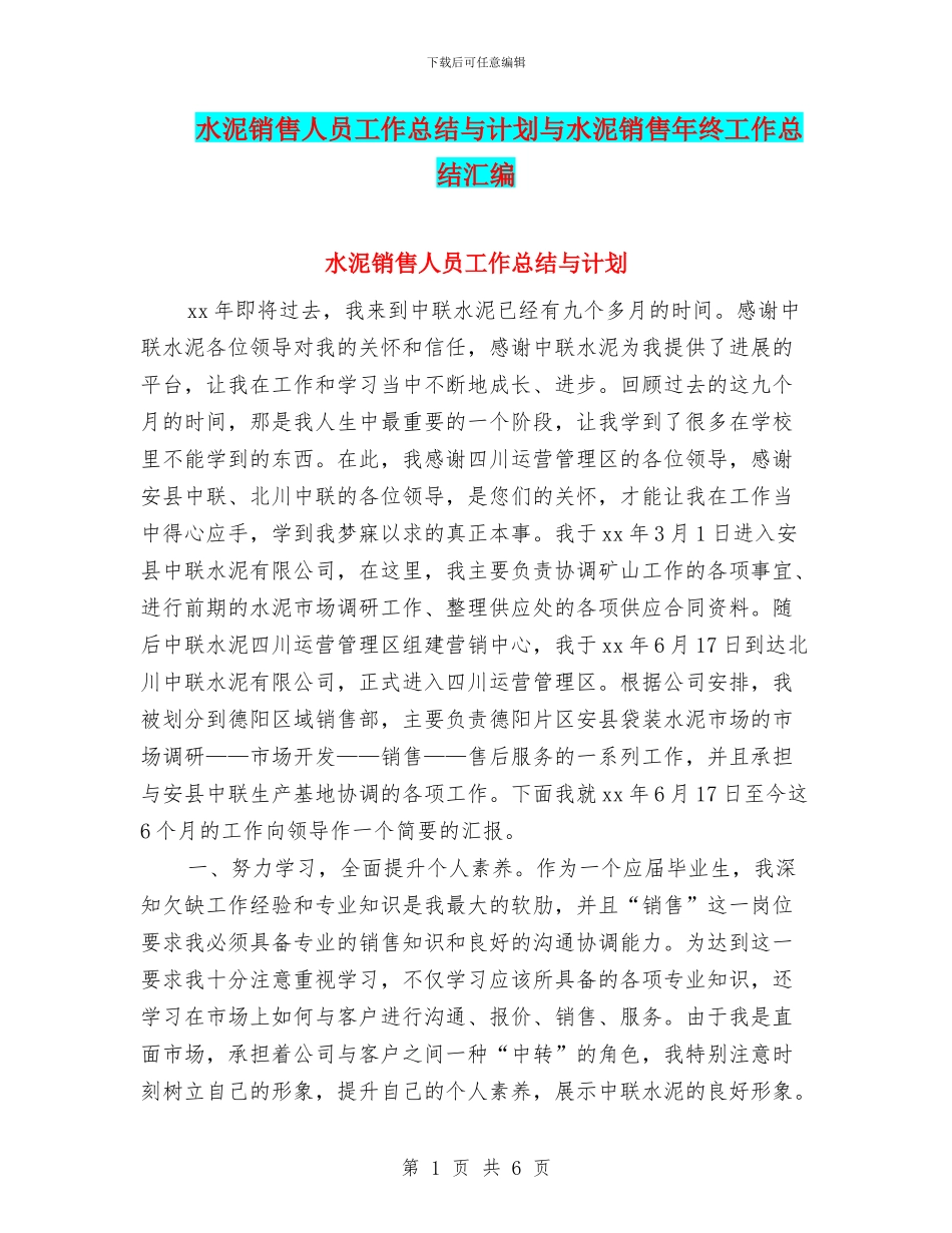 水泥销售人员工作总结与计划与水泥销售年终工作总结汇编_第1页