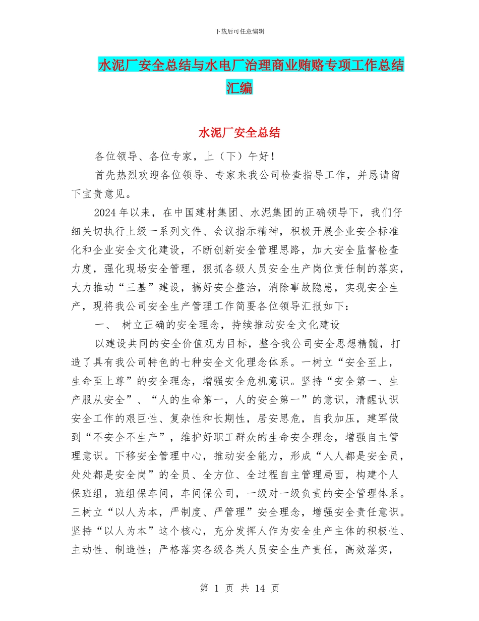 水泥厂安全总结与水电厂治理商业贿赂专项工作总结汇编_第1页