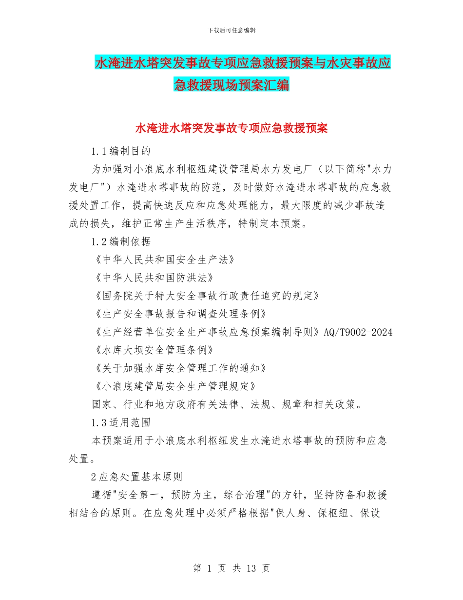 水淹进水塔突发事故专项应急救援预案与水灾事故应急救援现场预案汇编_第1页