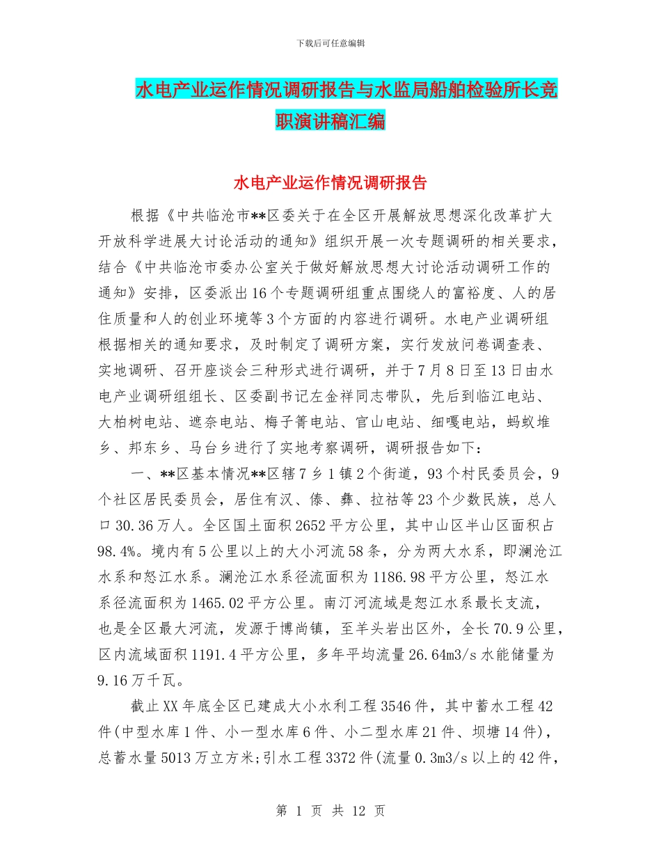 水电产业运作情况调研报告与水监局船舶检验所长竞职演讲稿汇编_第1页