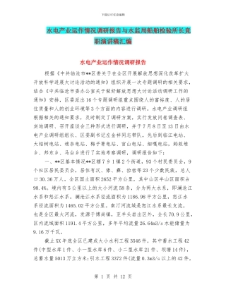 水电产业运作情况调研报告与水监局船舶检验所长竞职演讲稿汇编