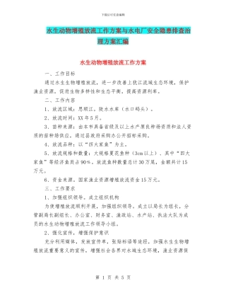 水生动物增殖放流工作方案与水电厂安全隐患排查治理方案汇编