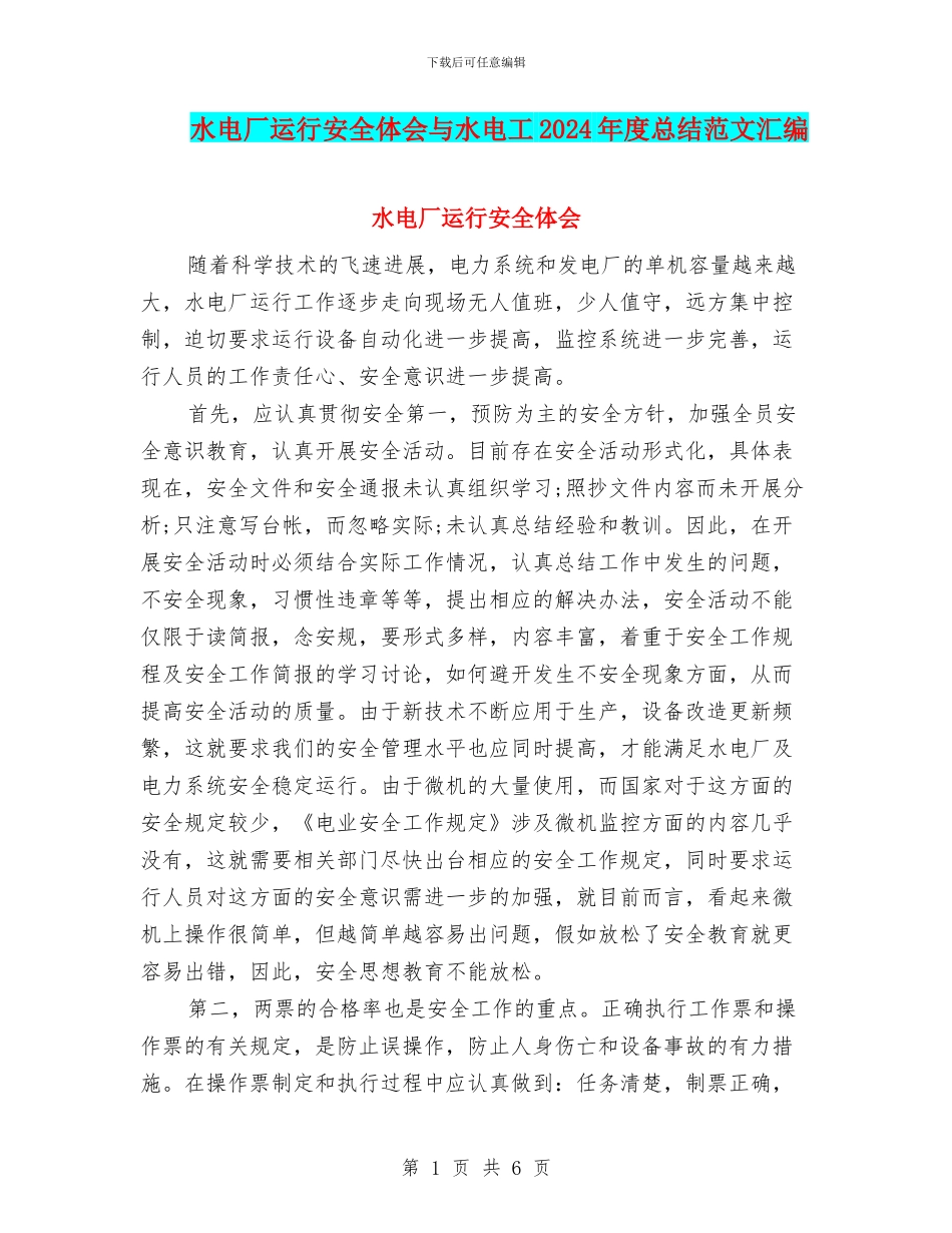 水电厂运行安全体会与水电工2024年度总结范文汇编_第1页