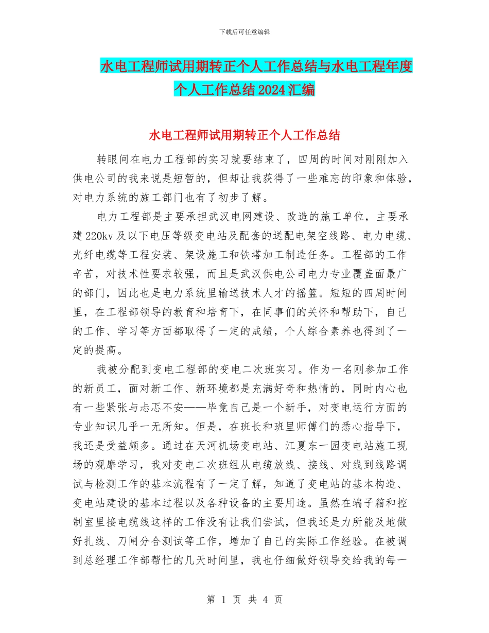 水电工程师试用期转正个人工作总结与水电工程年度个人工作总结2024汇编_第1页