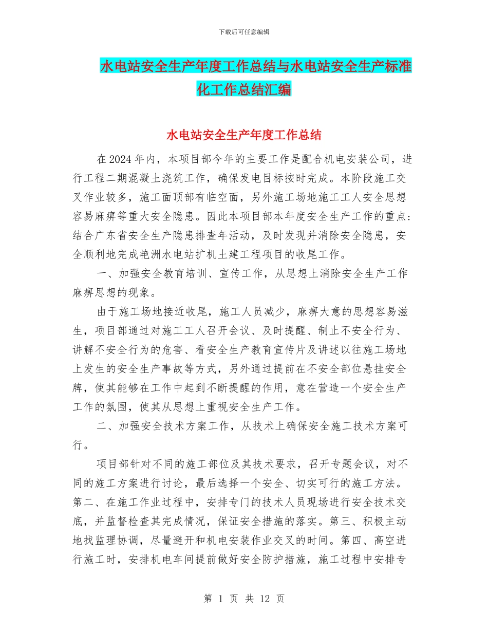 水电站安全生产年度工作总结与水电站安全生产标准化工作总结汇编_第1页