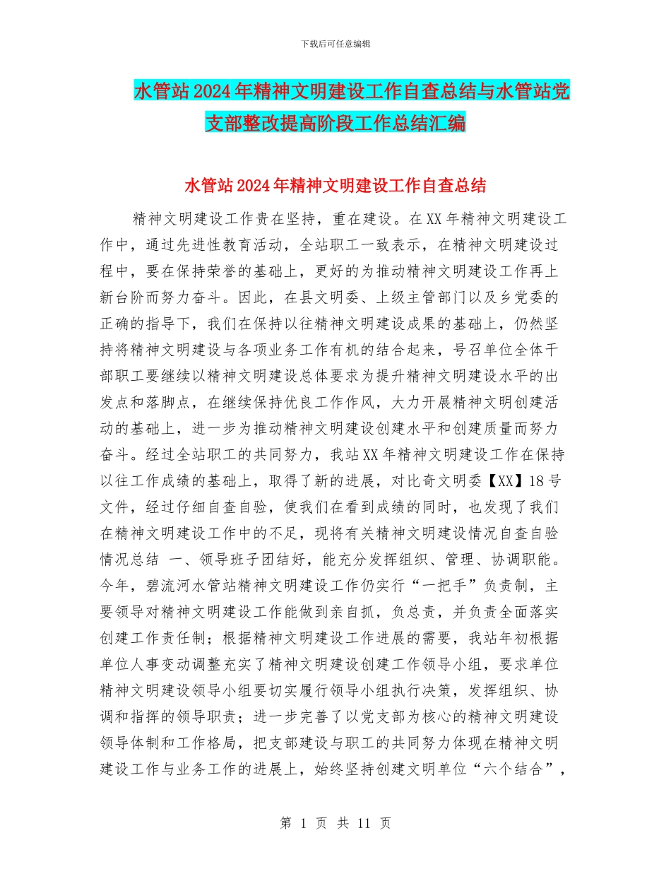 水管站2024年精神文明建设工作自查总结与水管站党支部整改提高阶段工作总结汇编_第1页