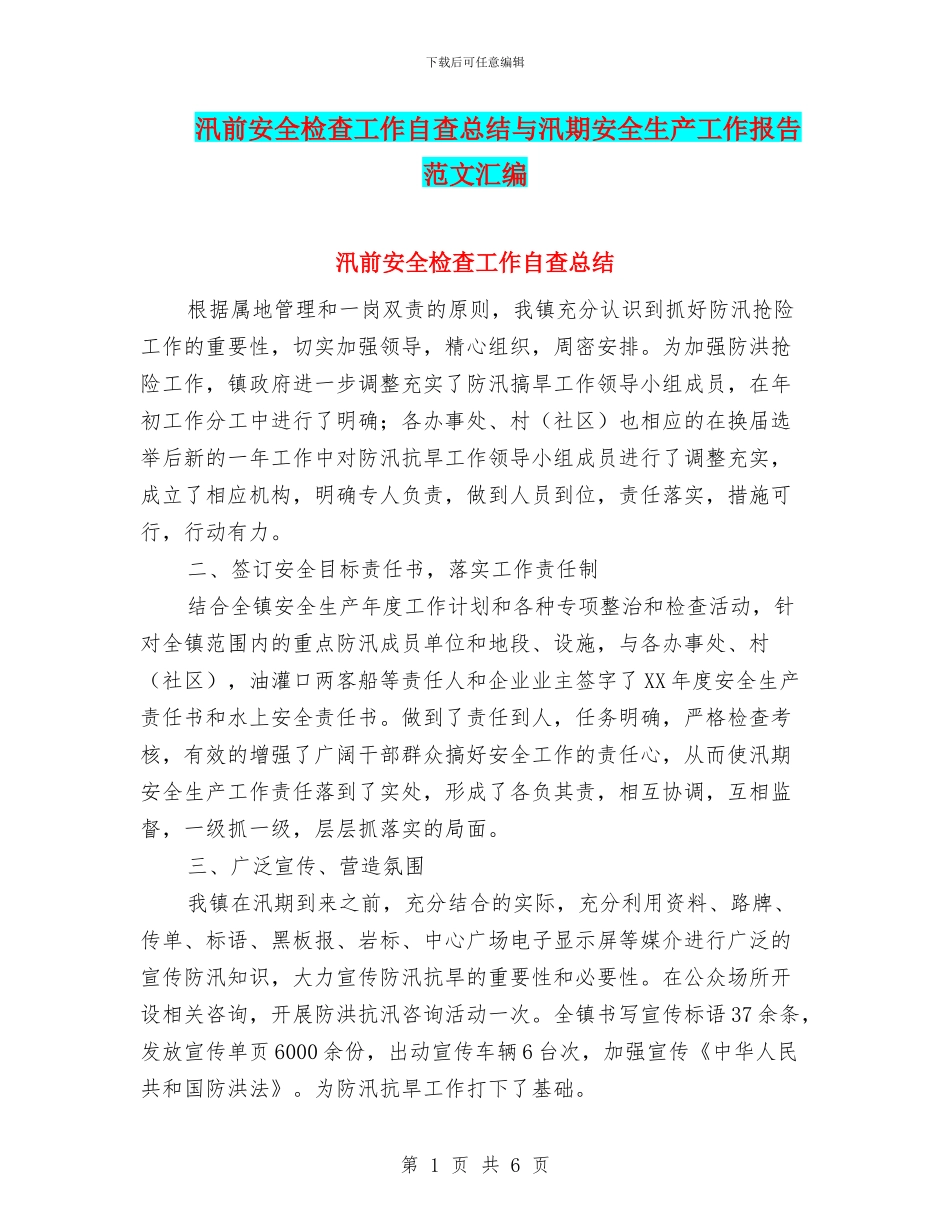 汛前安全检查工作自查总结与汛期安全生产工作报告范文汇编_第1页