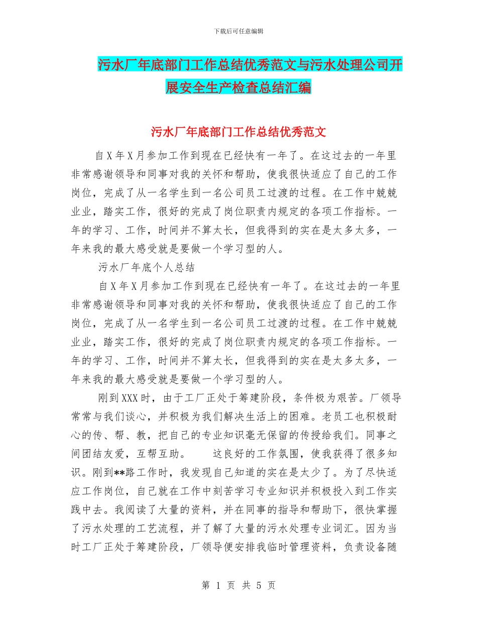 污水厂年底部门工作总结优秀范文与污水处理公司开展安全生产检查总结汇编_第1页