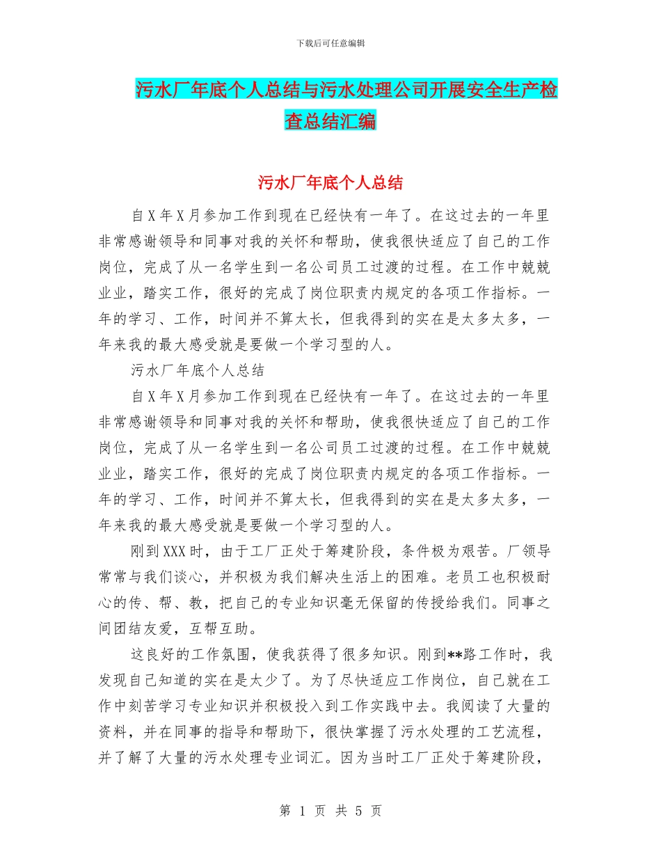 污水厂年底个人总结与污水处理公司开展安全生产检查总结汇编_第1页