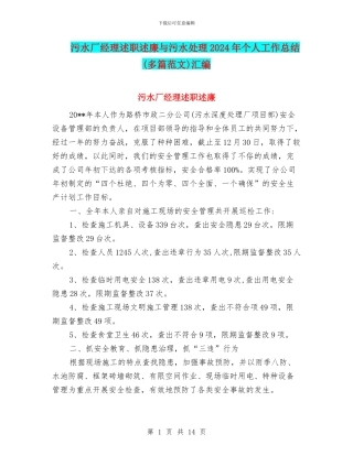 污水厂经理述职述廉与污水处理2024年个人工作总结汇编.doc