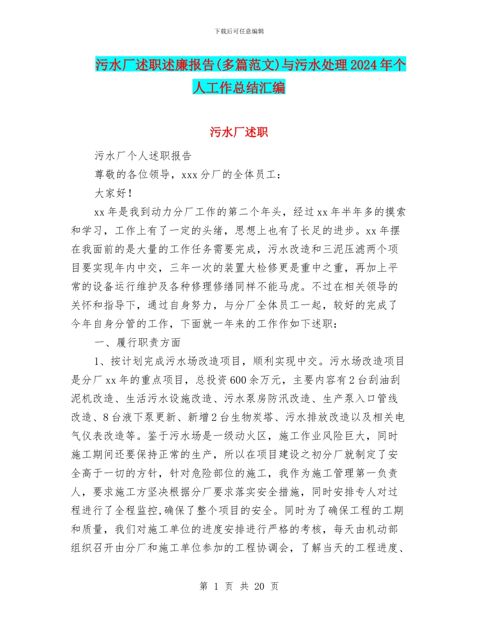 污水厂述职述廉报告与污水处理2024年个人工作总结汇编_第1页