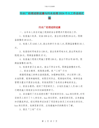 污水厂经理述职述廉与污水处理2024个人工作总结汇编