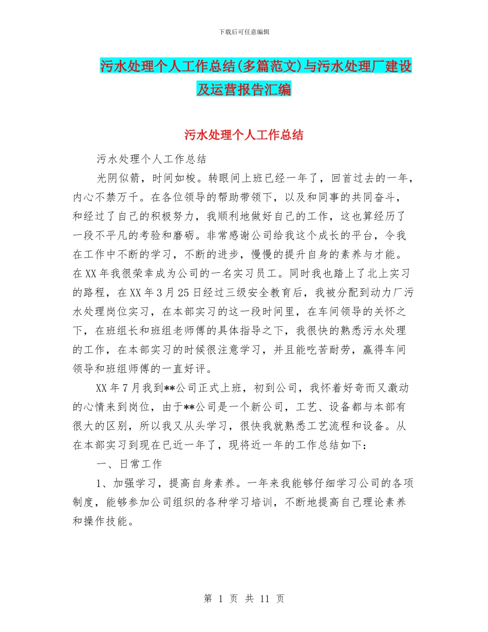 污水处理个人工作总结与污水处理厂建设及运营报告汇编_第1页