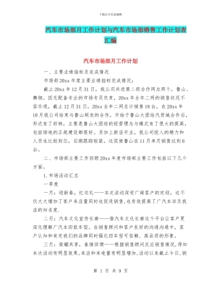 汽车市场部月工作计划与汽车市场部销售工作计划表汇编