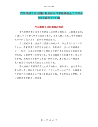 汽车维修工试用期自我总结与汽车维修扳金工年终总结汇编